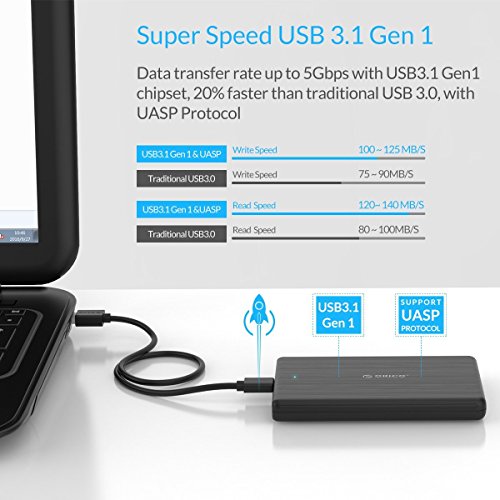 ORICO 2,5″ USB Typ C Externes Festplattengehäuse, USB 3.0 auf SATA III 6 Gb/s, für 7mm und 9,5 mm 2,5-Zoll SATA Notebook Interne HDD und SSD, Werkzeugfreie Montage, UASP Beschleunigung (Schwarz) - 3