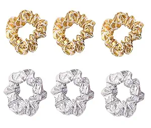 6 Pcs Hologram Metallic Gold and Silver Color Combo Hair Scrunchies Shiny Hair Bobbles Elastics Ponytail Holders Hair Wrist Ties Bands Scrunchies for Show Gym Dance Party Club Girl Women
