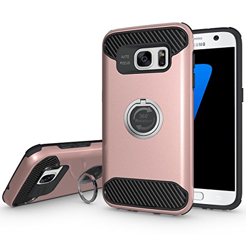 Galaxy S7 Edge Hülle,Galaxy S7 Edge Tasche, Ukayfe Stoßfestes Etui, [Heavy Duty Serie] Samsung S7 Edge Dual Layer Armor Case Silikon TPU Schale + PC Farbenrahmen Dual Layer Schutzhülle [Shockproof] Handyhülle Drop Resistance Schutz Handy Hülle mit 360 Rotating Ring Grip Holder Ständer für Samsung Galaxy S7 Edge, Rose Gold