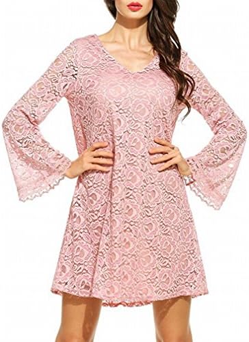 Loose Dress Solid Lace Dress Summer V-neck Crochet Skirt Lantern Sleeve Cocktail Party,F,XXL