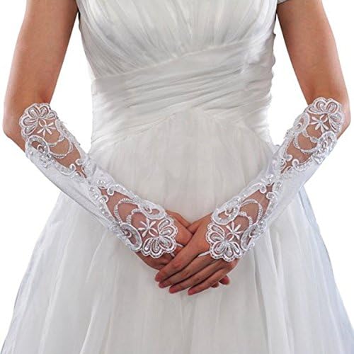 g7 Sexy Fingerless Pearl Lace Satin Bridal Bride Wedding Party Gloves (Ivory)