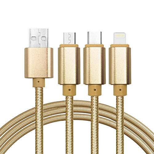 Multi USB Kabel, 4ft /1.24m Nylon geflochten 3 in 1 USB Ladekabel Adapter Stecker mit 8 Pin Lightning / Type C / Micro USB für iPhone 6s, 6, 6 Plus, 5 / 5S / 5C, Galaxy S2, 3, 4, Nexus 6P , 5X und mehr Smartphones(Gold)
