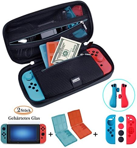 ANGPO for Nintendo Switch 4in1 Protector Kit Hard Shell Travel Case Joycon Grips Guards 2x HD Anti Glare Switch Screen Protector 2x Game Card and Micro SD Card Case (Oxford-Blue)