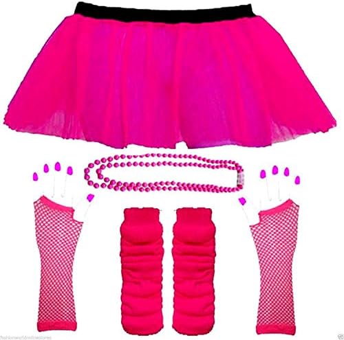 NEW ADULTS NEON UV 1980s GIRLS FANCY DRESS HEN PARTY TUTU COMPLETE SET 8-16 (UK 8-16, Pink)
