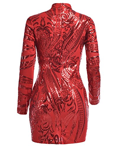 Damen Slim Kurze Pailletten Kleider Langarm Bodycon Kleid Mit Rundkragen Rot M - 5