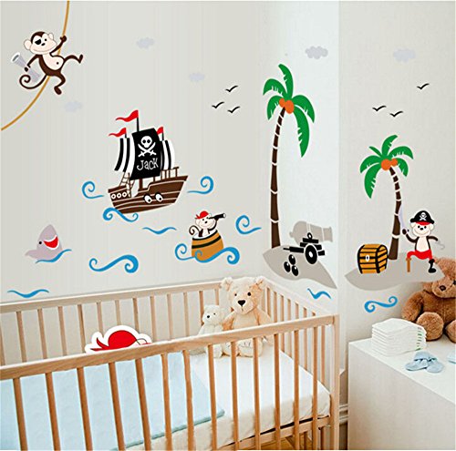 ufengke Cartoon-Piraten-Schiff Affepirat Kokos-Insel Wandsticker,Kinderzimmer Babyzimmer Entfernbare Wandtattoos Wandbilder