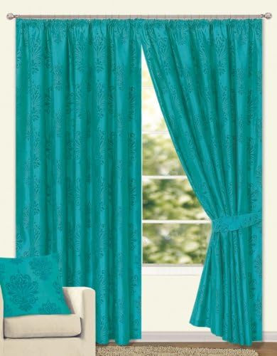 Textiles Direct Leamington Teal Lined Faux Silk Ready Made Curtain Pair 66" x 54" Size including Tie-backs