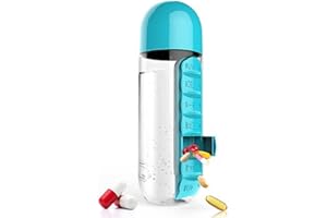 BAYINBROOK Pastillero 2 en 1, botella de agua portátil de 600 ml. para exteriores con pastillero, organizador de pastillas para 7 días, botella de agua para camping, gimnasio, escuela, oficina, viajes. (Azul)