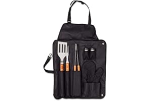 DELIEX DELICIAS DE EXTREMADURA Set Barbacoa con Utensilios, Delantal y Manoplas, Regalos Original para Hombres y Mujeres, Pinza, Paleta y Tenedor en Acero INOX y Madera Ideal para los amnates de Las barbacoas y parrilladas.