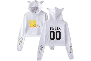 NCTCITY Kpop Stray Kids Sweat-Shirts à Capuche Cat Ear Crop Top Hoodie Yellow Wood Imprime Hip Hop Pullover Manches Longues Pull à Capuche Sweats Bang Chan Changbin Hyunjin Han Felix Seungmin
