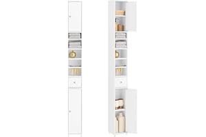 SoBuy Tall Bathroom Cabinet 20cm Wide - Freestanding Slim Bathroom Storage Unit - Water-Resistant MDF with Adjustable Shelves and Drawer,Compact Storage Cupboard, White, W20 x D20 x H180cm BZR34-II-W