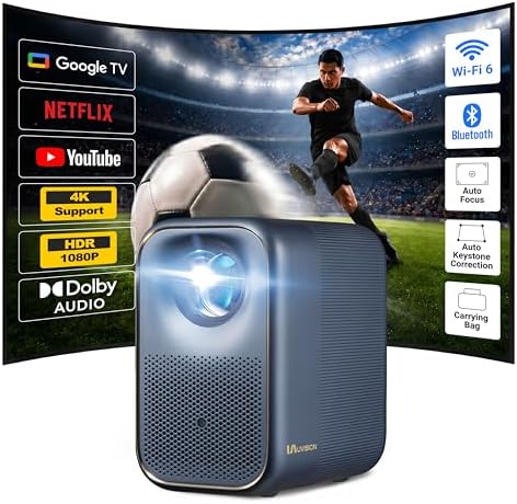 UVISION AllPlay - Proiettore intelligente con licenza Netflix con Google TV | Full HD nativo 1080p | messa a fuoco automatica e Keystone | Dolby Audio | WiFi e Bluetooth | Kit Home Theater portatile