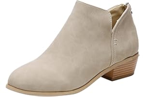BKEBGE Cowboy Western Ankle Boots Women Wide Fit V Cut Comfort Ladies Walking Hiking Short Booties Slip On Round Toe Back Zipper Square Heel Nude Boot UK Size
