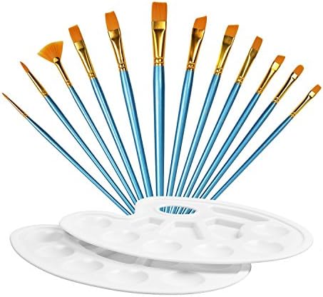 Paint Brush Set Artist Painting With Wooden Handle, Chenci Paintbrushes For Acrylic Painting, Oil Painting, Canvas Painting, Nail Art Paintbrushes and Face Paint , 12 Pieces Nylon Hair Round Sharp Filbert With 2 Pallets