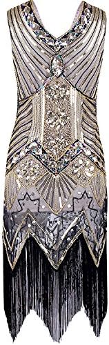 Eorish Women's 1920s Sequin Gatsby Art Deco Tassels Hem Flapper Cocktail Dress(Medium, Yellow)