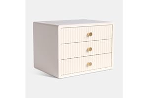 OHS Ribbed Wooden Desktop Drawers, Small Item Storage Desktop Drawer Organizer Office Supplies Filing Stackable Makeup Container Jewellery Tabletop Storage Cabinet with 3 Drawers, Cream