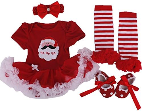 Anik Sunny Newborn Baby Girls Romper Dress Costume Clothes Jumpsuit 4Pcs Outfit Set Tutu Skirt Legging Warmer +Shoes+Headband (3-6 Months, Red Santa Claus)