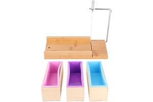 EVTSCAN Moule à Savon Boîte en Bois Rectangulaire avec Couvercle Moule en Silicone Coupe Trancheuse Lame Coupe à Savons Outil de Fabrication Faite à la Main Savon Bricolage Réglable 3Pcs