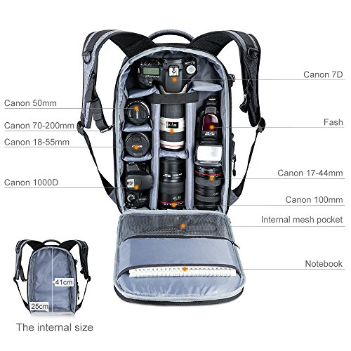 K F Concept KF13 044 Sac a Dos Appareil Photo  Sac Appareil Photo Reflex  Sac Photo  Sac Dos Reflex Ordinateur   Tr  pied Accessoires Noir pour Canon Nikon Sony Olympus Gris