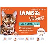 Iams Delights Land Collection, Nassfutter für erwachsene Katzen mit verschiedenen Fleisch-Sorten in Sauce, Multibox mit 12 Frischebeuteln (12 x 85 g)