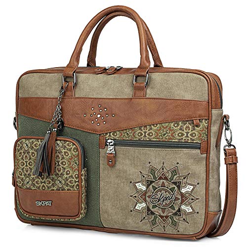 SKPAT - Maletín para Portátil 15.6 Pulgadas. Mensajero. Cartera Portadocumentos Mujer con Bandolera. Calidad y Diseño. Cómodo y Práctico. Lona Estampada Cuero PU. Mandala. 303938, Color Marron