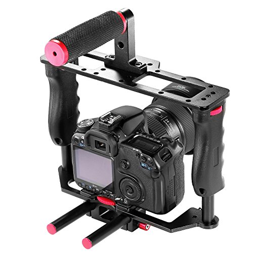 Neewer Kit de Cage Vid  o pour Tournage de Film Movie Cam  ra Comprend   1  Cage vid  o  1  Poign  e en Haut  1  Support    Sabot  2  Barre de 15 mm pour Canon Nikon Sony et Autres Cam  ras DSLR  Montage Follow Focus Matte Box  Rouge 
