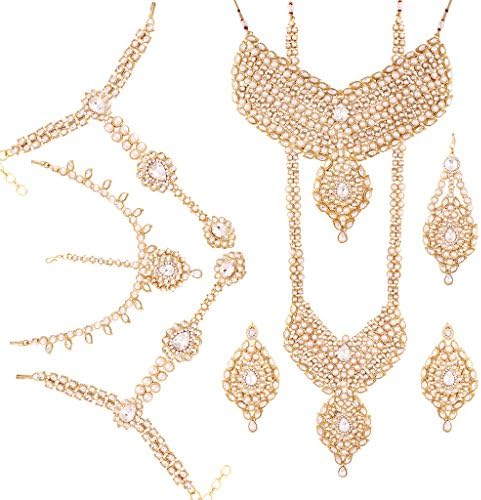 I Jewels Gold Plated Bridal Dulhan Jewellery Set, Choker, Long Haar, Earrings, Haathpanjas, Paasa and Damini For Women (White)(BLP001W)