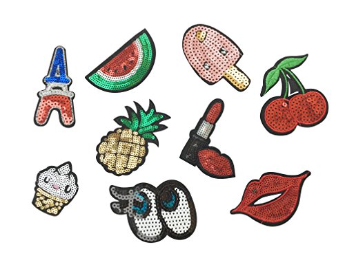 Pailletten Patch Sticker 9 Stück Aufnäher Kleidung Patch Lippfenstift Ananas Kirschen Cup Cake Kuss und Mehr