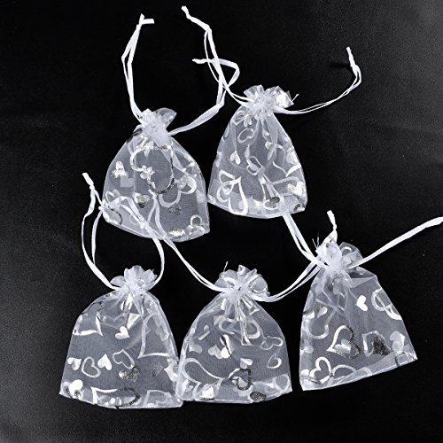 HooAMI 100X Weiss Organza mit Herz Säckchen Bonbonsbeutel Geschenkbeutel 9x12cm - 2