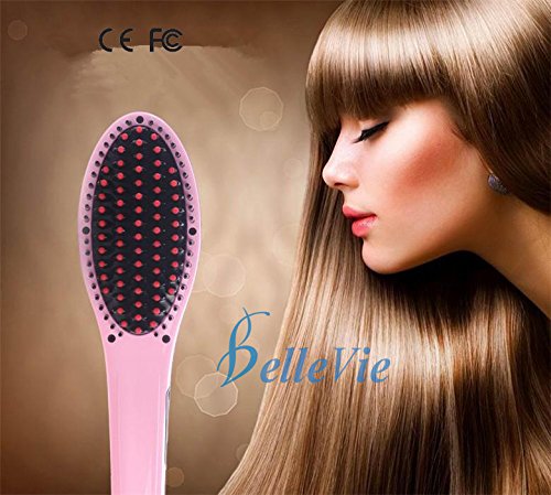 BelleVie Women Hair Quick Straightener Head Massager LCD Anti Scalding & Static Electric Ceramic Comb Brush Irons (Pink)