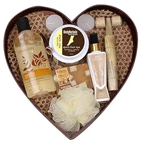 BodyHerbals Everyday Rituals Gift Set For Birthday, Anniversay & Wedding- Bath & Body Spa Hamper (Vanilla Shower Gel 200ml, Foot Scrub 125gms, Apricot Body Massage Oil 65ml, Honey & Almond Soap 100gms, Wooden Massager, Bath Puff, 2 Tea Lites)