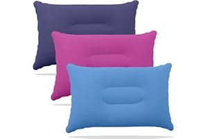 PEIXIONG 3 almohadas de camping ultraligeras de tela cuadrada pequeña para senderismo, camping, viajes, siestas, reposo en el escritorio, cuello y soporte lumbar (morado, rosa, azul)