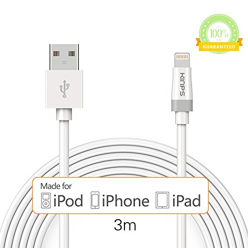 [Apple MFi Zertifiziert] Kinps 10ft / 3m extralanges 8-poliges USB-Kabel mit Lightning Stecker für Apple iPhone 5 / 5s / 5c / 6/6 Plus, iPod 7, iPad Mini / Mini 2 / Mini 3, iPad Air / iPad Air 2（Weiß）