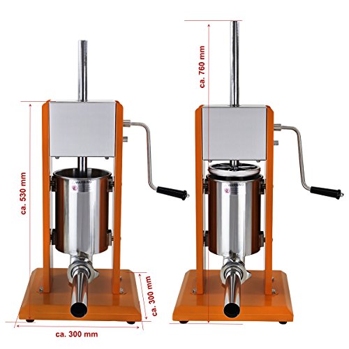 Profi Wurstfüllmaschine (3 Liter Volumen) aus lackiertem Stahl, Wurstfüller mit 2 Gang Getriebe, Handkurbel und Entlüftungsventil, inkl. 4 Edelstahl Fülltüllen (16, 22, 32 und 38 mm Ø) - 2