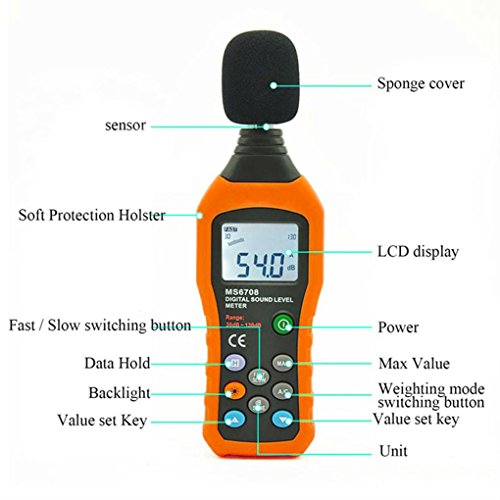 Schallpegelmessgerät, TKSTAR Digital Sound meter Digital Schallpegelmesser LCD Bildschirm Ton Monitor dB Meter MS6708 Tragbarer Digital Dezibel Schallpegelmesser Reader, Rauschmessung Messbereich 30-130 dBA Genauigkeit 1, 5dB