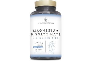 ‎N2 NATURAL NUTRITION Magnesium Bisglycinat 2250mg, 450mg Elementares + B6 + D3 pro Tagesdosis, zur Reduzierung von Müdigkeit und Erschöpfung, 150 Hochdosiert Tablets (5 Monats). N2 Natural Nutrition