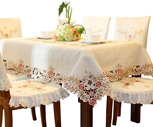 Damask pink flower embroidered off white tablecloth rectangular 85cm x 145cm 33 x 57 inch approx