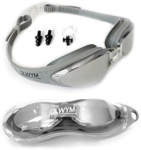 Swim Goggles, Olwym Swimming Goggles - No Leak Anti Fog UV Protection Triathlon Swim Goggles with Protection Case, Nose Clips &amp; Ear Plugs Comfortable for Adult Men Women Kids Child (Grey - Mirrored Lenses)