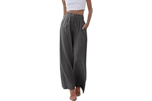 Voqeen Mujer Pantalones de Lino Anchos Verano Casual Pantalon Frescos Cintura Alta Elástico Cordón con Bolsillos Palazzo Pants de Playa Largos Suelto Pantalón Vintage Ligeros y Cómodos