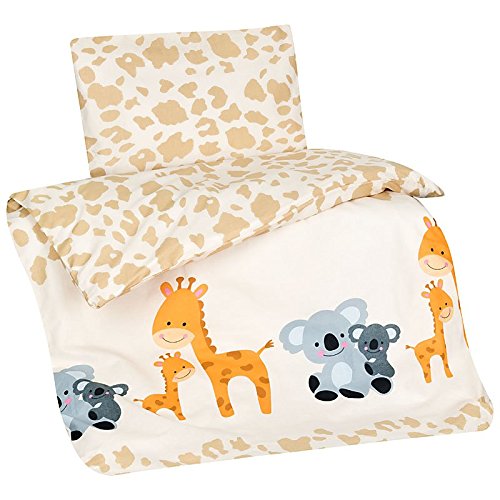 Aminata-Kids Renforce Kinder-Bettwäsche 100x135 cm mit Tiermotiv in Beige | 100 % Baumwolle | Sanfte 2-teilige Bettwäsche + Kopfkissenbezug 40x60cm mit Reißverschluss | atmungsaktiv & strapazierfähig