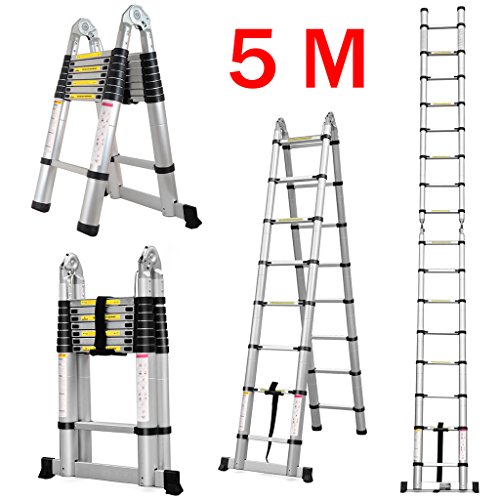 Preisvergleich Produktbild Finether 5M Teleskopleiter Klappleiter ausziehbare Leiter Mehrzweckleiter Aluleiter Ausziehleiter Stehleiter Anlegeleiter aus hochwertigem Alu Teleskop-Design 150 kg Belastbarkeit