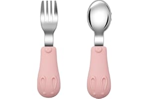 Jmbabe Toddler Fork and Spoon, Stainless Steel Baby Utensils Cutlery Set, Stainless Steel Self Feeding Spoon and Fork, Children Flatware Weaning and Learning to Use