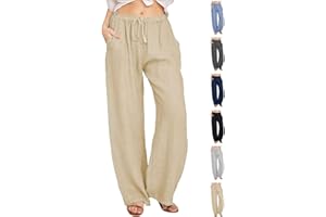 CheChury Pantalones Mujer Casuales de Lino de Algodón Cintura Alta Elasticos Largas Pantalón Deporte Elástica Pantalones Verano Causal Flojo Largos Playa con Bolsillos y Pantalones de Cómodos