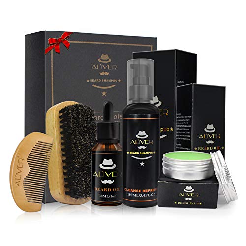 Kit de Soins de Barbe, ALIVER Huile à Barbe Kit 5 PCs - Shampoing à La Barbe (100ml), Huile De Barbe Bio (30ml), Baume à La Moustache (30g), Brosse à Barbe, Barbe Peigne