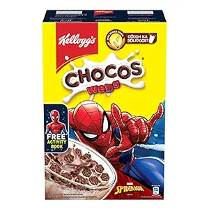 Kelloggs Chocos Webs with Free Activity Book | Whole Grain | High in Fibre | High in Calcium & Protein | with 10 Essential Vitamins & Minerals | Breakfast Cereals | 300g Pack