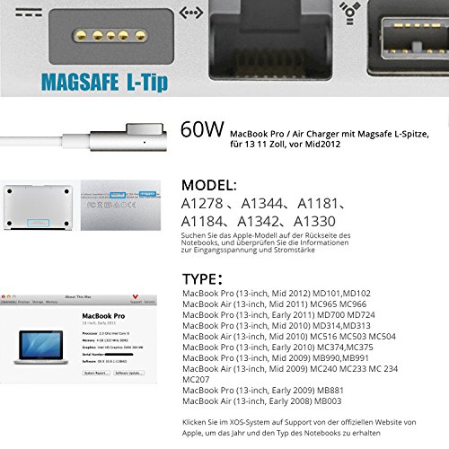 Macbook Air Netzteil Ladeger  t Adapter - ROKKES 60W Magsafe L-Tipp f  r Apple Old MAC Netzteil MacBook Pro   Air 11 13 3   Netzteil Kompatibel mit La