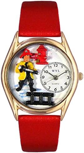 Whimsical GiftsWhimsical Watches Firefighter Black Leather and Goldtone Unisex Quartz Watch with White Dial Analogue Display and Multicolour Leather Strap C-0620011