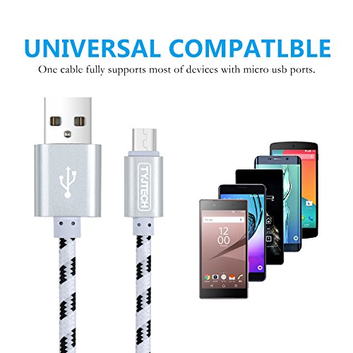 Micro USB Kabel, TYJTECH 2-Pack 6.5FT/2M Micro USB Schnellladekabel Geflochtenes Kabel High Speed Sync für Android Smartphones, Samsung Galaxy, HTC, Huawei, Sony, Nexus, Nokia, Kindle und mehr (Silber) - 5