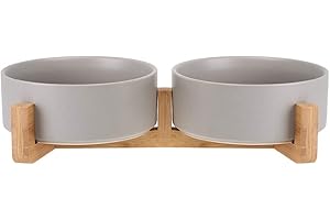 HCHLQLZ Grau Keramik Hundenapf Futternapf Fressnapf Napf für Hund Katzen mit Massivholz Ständer (2 Stück)