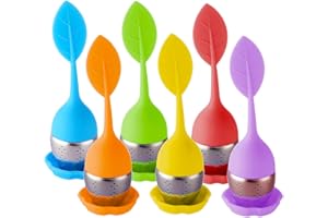 Filtro per Tè in Silicone, XiXiRan 6 Pezzi Set di Infusori per Tè in Silicone, Infusore Foglia Verde in Silicone, per Te e Tisane a Forma di Foglia di Tè in Acciaio Inox, con Vassoio